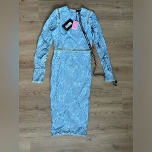 PrettyLittleThing Light Blue Long Sleeve Bodycon Lace Midi Dress US 4